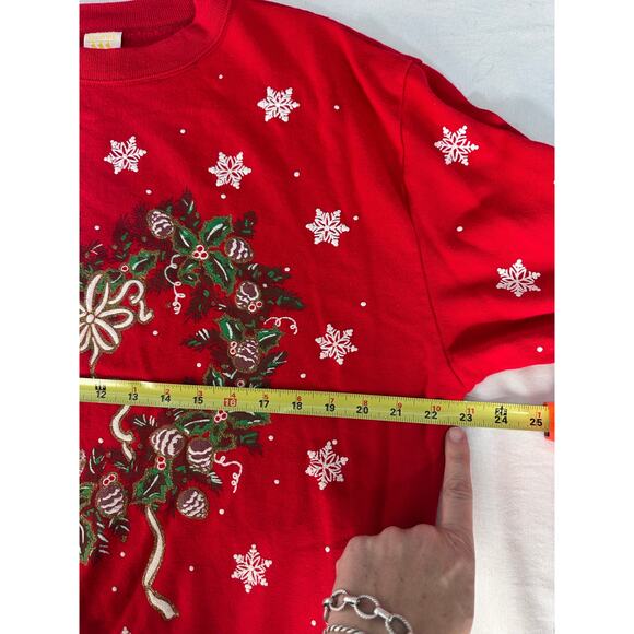VTG Holiday Time 90s Womens M Oversized Tacky Christmas Bear Sweatshirt Wreath - Picture 9 of 11
